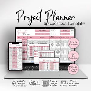 May include: A digital project planner spreadsheet template displayed on a laptop, smartphone, and tablet screen. The interface features pink and white tables with columns for dates, tasks, and budgets. Text includes "Project Planner" and "Simplify Planning."