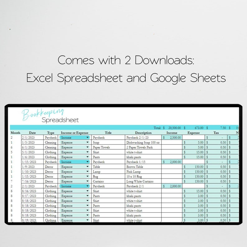 May include: A bookkeeping spreadsheet with columns for month, date, type, income or expense, title, description, total, income, expense, tax, and notes. The spreadsheet is designed to track income and expenses for a business or personal finances.