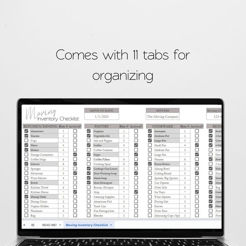 May include: A digital moving inventory checklist displayed on a laptop screen, featuring columns for kitchen, pantry, and cookware items with checkboxes and box numbers. The text above the screen reads, Comes with 11 tabs for organizing.