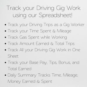 May include: White background with black text promoting a spreadsheet for tracking driving gig work. The text includes phrases like "Track your Driving Trips," "Time Spent & Mileage," and "Amount Earned & Total Trips."