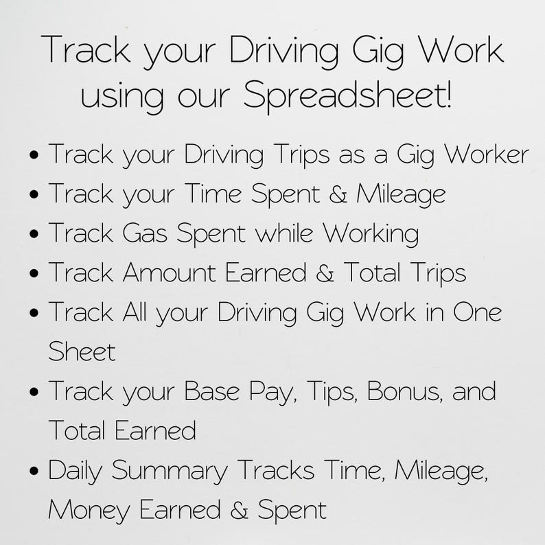 May include: White background with black text promoting a spreadsheet for tracking driving gig work. The text includes phrases like "Track your Driving Trips," "Time Spent & Mileage," and "Amount Earned & Total Trips."