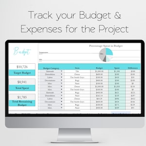 May include: A computer monitor displaying a digital project budget spreadsheet with the text Track your Budget & Expenses for the Project. The screen shows a pie chart, budget categories, itemised costs, and summary boxes for target budget, total spent, and remaining budget.