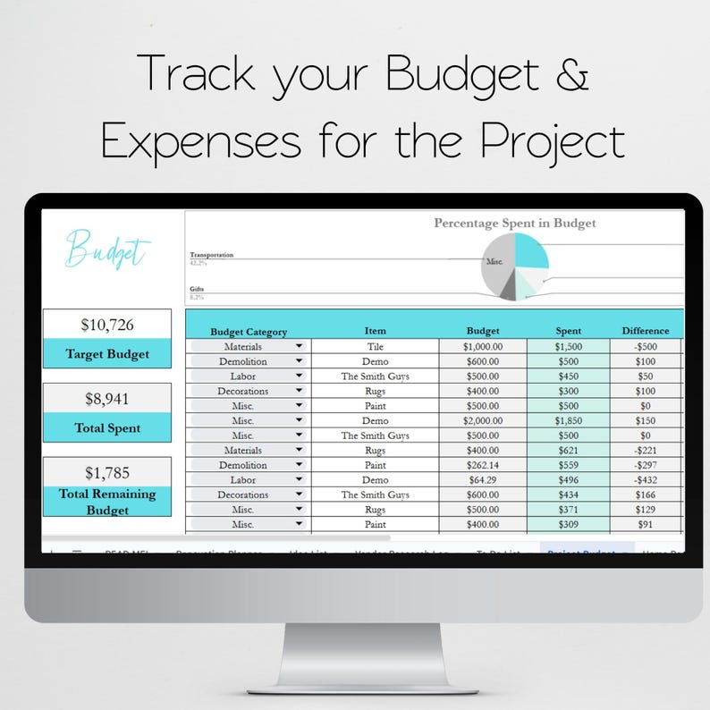 May include: A computer monitor displaying a digital project budget spreadsheet with the text Track your Budget & Expenses for the Project. The screen shows a pie chart, budget categories, itemised costs, and summary boxes for target budget, total spent, and remaining budget.