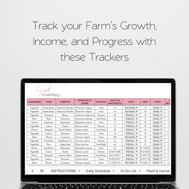 May include: A laptop computer screen displaying a spreadsheet with a pink header that says "Seed Inventory". The spreadsheet is a list of different types of seeds, including their category, type, variety, botanical name, source, days to maturity, sun, amount, unit, and requirements. The spreadsheet is organized in columns and rows.