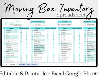 Moving Box Template Google Sheets, Moving Box Contents List, Storage Unit Planner, Moving Boxes Content List, Home Relocation Organization