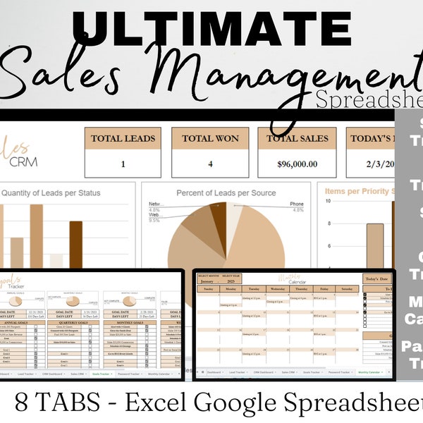 Sales Management Template Excel Spreadsheet, Sales Manager Google Sheets, Sales Tracker, Sales CRM, Sales Calendar, Lead Tracker Excel Sheet