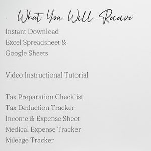 May include: A list of items included in a tax preparation package. The list includes: Instant Download, Excel Spreadsheet & Google Sheets, Video Instructional Tutorial, Tax Preparation Checklist, Tax Deduction Tracker, Income & Expense Sheet, Medical Expense Tracker, and Mileage Tracker.