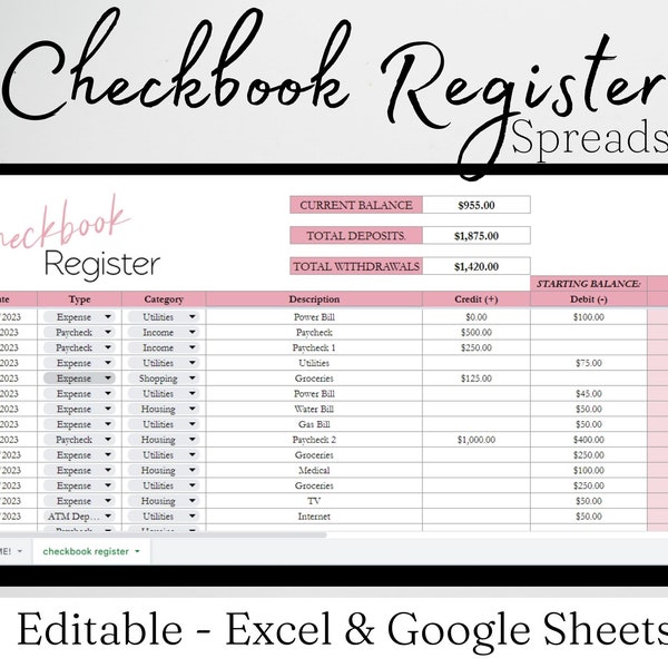 Checkbook Register Excel Spreadsheet, Check Book Register Google Sheets, Check Register Book, Checkbook Template, Spending Tracker, Bill