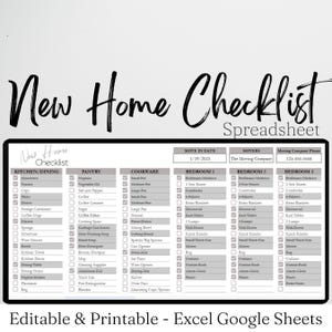 May include: A printable checklist for moving into a new home. The checklist is divided into sections for the kitchen, pantry, cookware, and three bedrooms. Each section includes a list of items to pack or bring with you.