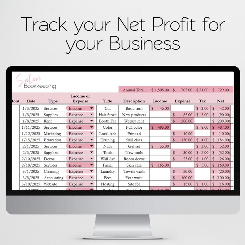 Salon Bookkeeping Template, Hair Salon Income and Expenses Tracker Log, Beauty Salon, Nail Salon Hair Salon Excel Spreadsheet Google Sheets image 6