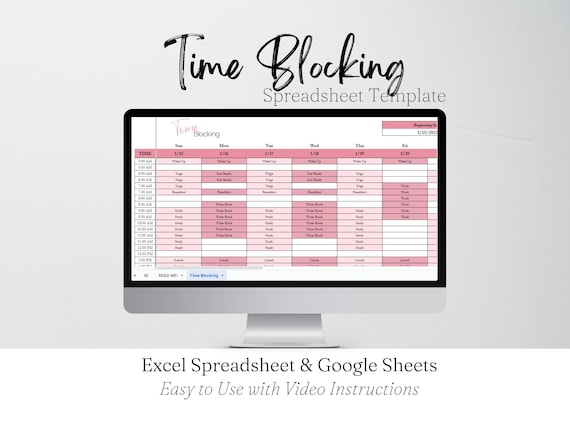 Time Blocking Template Google Sheet, Time Blocking Planner Excel Spreadsheet, Time Block Digital Planner, Editable Calendar Schedule Agenda