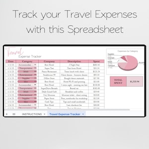 May include: A digital spreadsheet titled "Travel Expense Tracker" with expense categories, dates, and amounts. The spreadsheet includes a pie chart visualizing expense distribution and a total spent amount.
