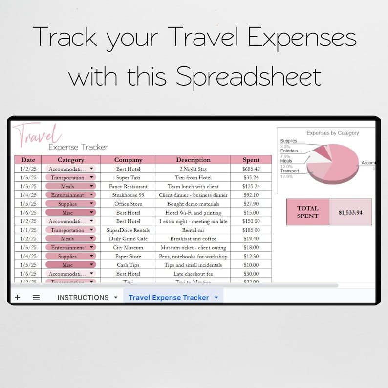May include: A digital spreadsheet titled "Travel Expense Tracker" with expense categories, dates, and amounts. The spreadsheet includes a pie chart visualizing expense distribution and a total spent amount.