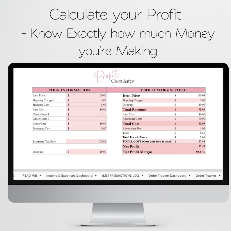 May include: A computer monitor displaying a Profit Calculator spreadsheet with two main sections titled Your Information and Profit Margin Table. The interface includes fields for item price, shipping, costs, taxes, and discount, with calculated totals.
