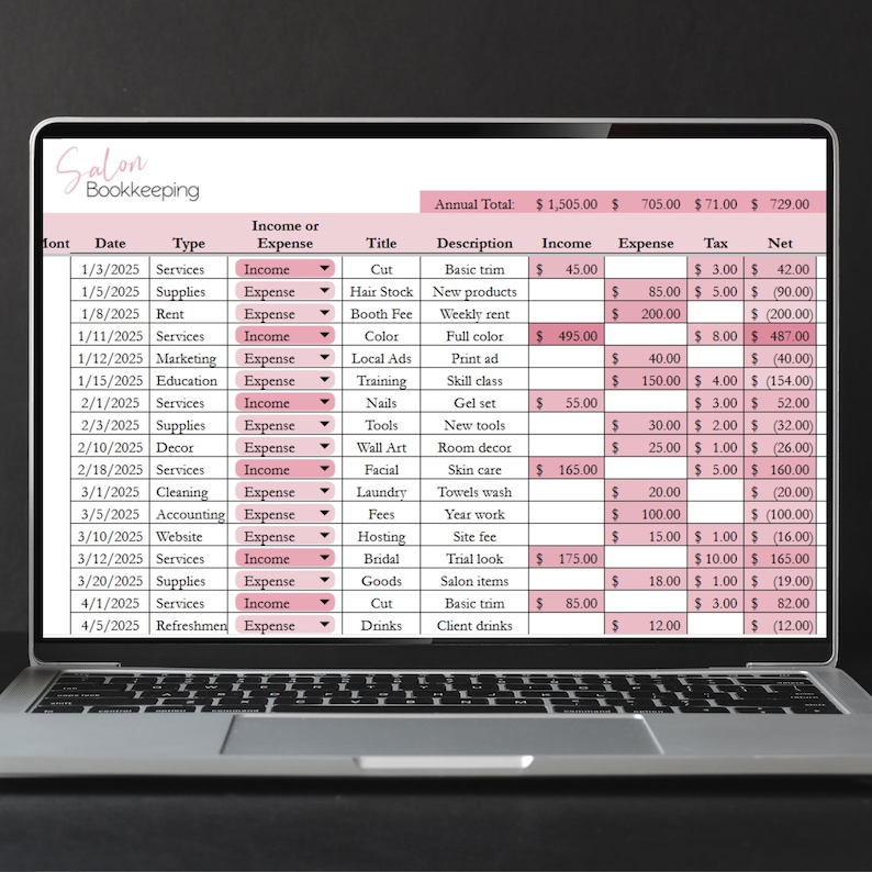 Salon Bookkeeping Template, Hair Salon Income and Expenses Tracker Log, Beauty Salon, Nail Salon Hair Salon Excel Spreadsheet Google Sheets image 10