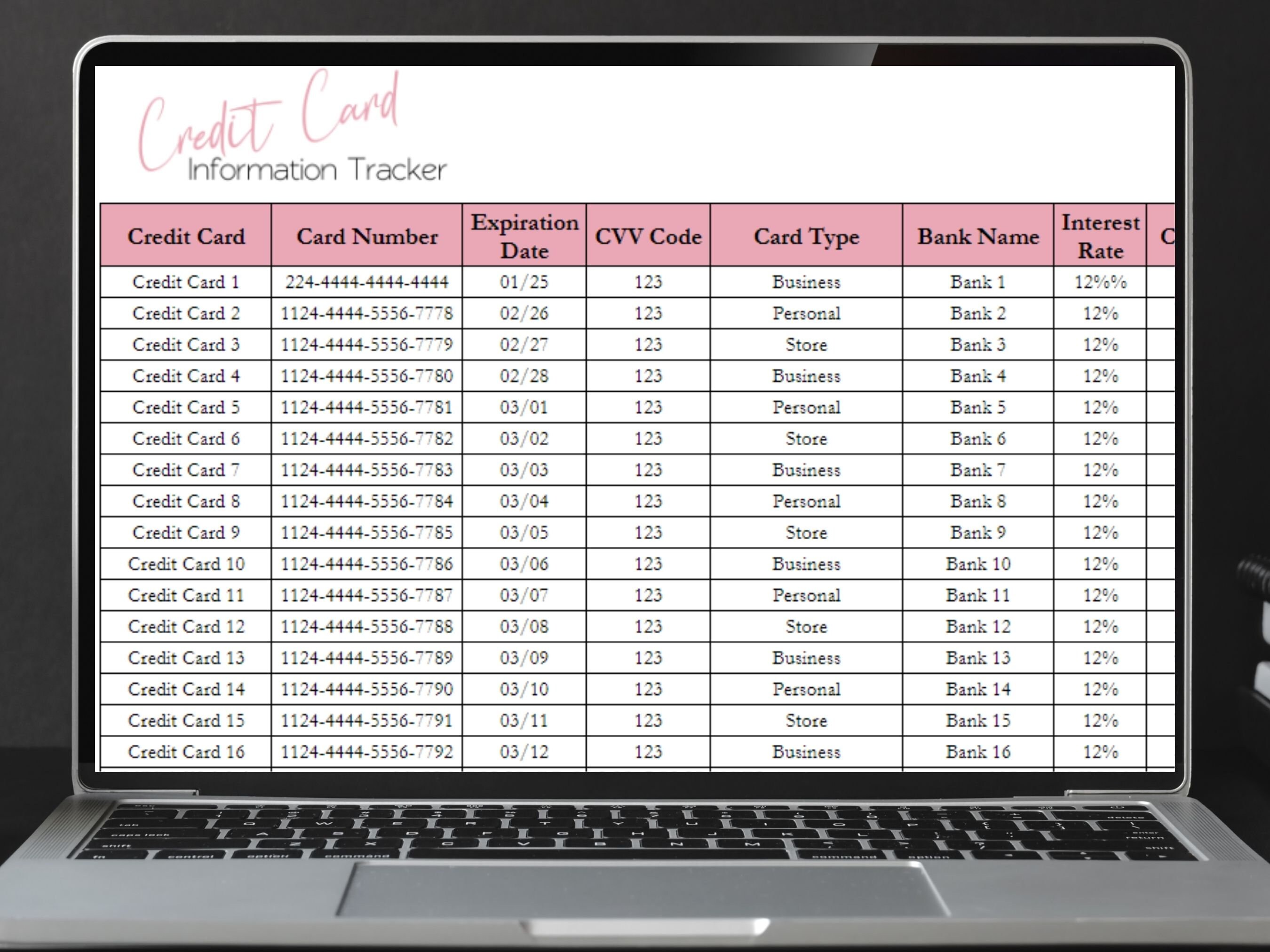 Credit Card Information Excel Spreadsheet Credit Card Log - Etsy