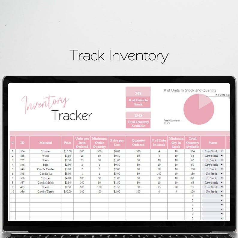 Op de afbeelding: Een laptopscherm dat een spreadsheet toont met de titel "Inventory Tracker". De spreadsheet wordt gebruikt om de voorraadniveaus bij te houden voor verschillende materialen voor het maken van kaarsen, waaronder lucifers, geurstoffen, kaarsenhouders, kaarsenpotten, kaarsvormen en kaarsverpakkingen. De spreadsheet bevat kolommen voor artikel-ID, materiaal, prijs, eenheden per besteld artikel, minimale bestelhoeveelheid, prijs per eenheid, bestelde hoeveelheid, aantal eenheden op voorraad, minimale hoeveelheid op voorraad, totale hoeveelheid op voorraad en status.