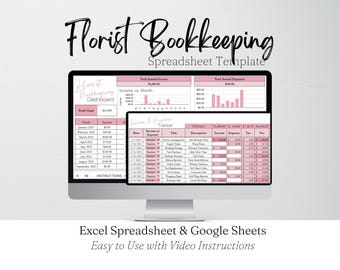 May include: A computer monitor displays a pink and white spreadsheet template for florist bookkeeping. The text "Florist Bookkeeping Spreadsheet Template" is at the top. The spreadsheet includes income, expense, and profit tracking. The text "Excel Spreadsheet & Google Sheets" is at the bottom.