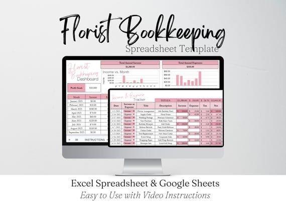 Florist Bookkeeping Google Sheets, Floral Business Income and Expenses Tracker, Flower Designer Profit and Loss Template Excel Spreadsheet