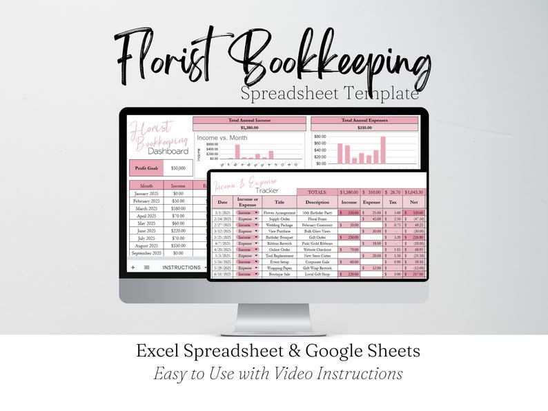 K&ouml;nnte beinhalten: Ein Computermonitor zeigt eine rosa und wei&szlig;e Tabellenvorlage f&uuml;r die Buchhaltung von Floristen. Der Text "Florist Bookkeeping Spreadsheet Template" steht oben. Die Tabelle enth&auml;lt die Verfolgung von Einnahmen, Ausgaben und Gewinnen.