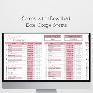 May include: A pink and white printable refrigerator inventory list with columns for dairy and fruit. The list includes the quantity, amount, and expiration date for each item. The list also includes a section for the favorite grocery store and the next grocery trip.