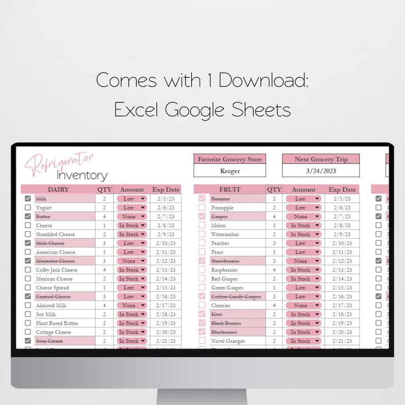 May include: A pink and white printable refrigerator inventory list with columns for dairy and fruit. The list includes the quantity, amount, and expiration date for each item. The list also includes a section for the favorite grocery store and the next grocery trip.