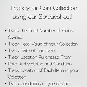 May include: White background with black text promoting a spreadsheet for coin collection tracking. The text includes phrases like "Track your Coin Collection" and bullet points detailing features such as tracking the total number of coins, value, and purchase details.