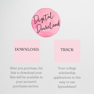 Puede incluir: Gr&aacute;fico de descarga digital rosa con el texto "Descarga digital" en un c&iacute;rculo. El gr&aacute;fico tambi&eacute;n incluye dos cuadrados rosas con el texto "DESCARGAR:" y "Rastreo". El texto debajo de los cuadrados explica c&oacute;mo descargar y rastrear tu compra.
