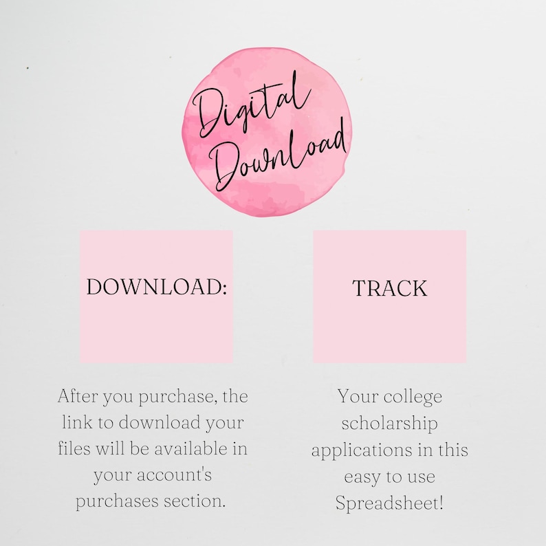Puede incluir: Gr&aacute;fico de descarga digital rosa con el texto "Descarga digital" en un c&iacute;rculo. El gr&aacute;fico tambi&eacute;n incluye dos cuadrados rosas con el texto "DESCARGAR:" y "Rastreo". El texto debajo de los cuadrados explica c&oacute;mo descargar y rastrear tu compra.