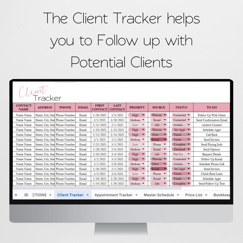 May include: A computer screen shows a client tracker spreadsheet. The text at the top says, "The Client Tracker helps you to Follow up with Potential Clients." The spreadsheet has columns for contact details, priority, and status.