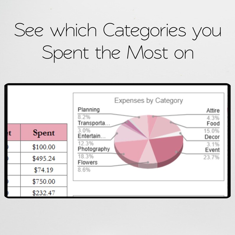 May include: A financial pie chart showing expenses by category, with percentages for planning, transportation, entertainment, photography, flowers, attire, food, decor, and events. The text above reads, "See which Categories you Spent the Most on."