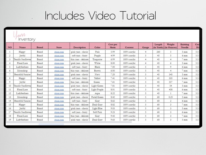 Yarn Inventory Tracker Excel Spreadsheet Yarn Organizer Etsy