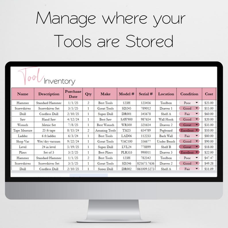 Tools Store Inventory Tool Inventory Log, Garage Organization, Tools Tracker Inventory ...