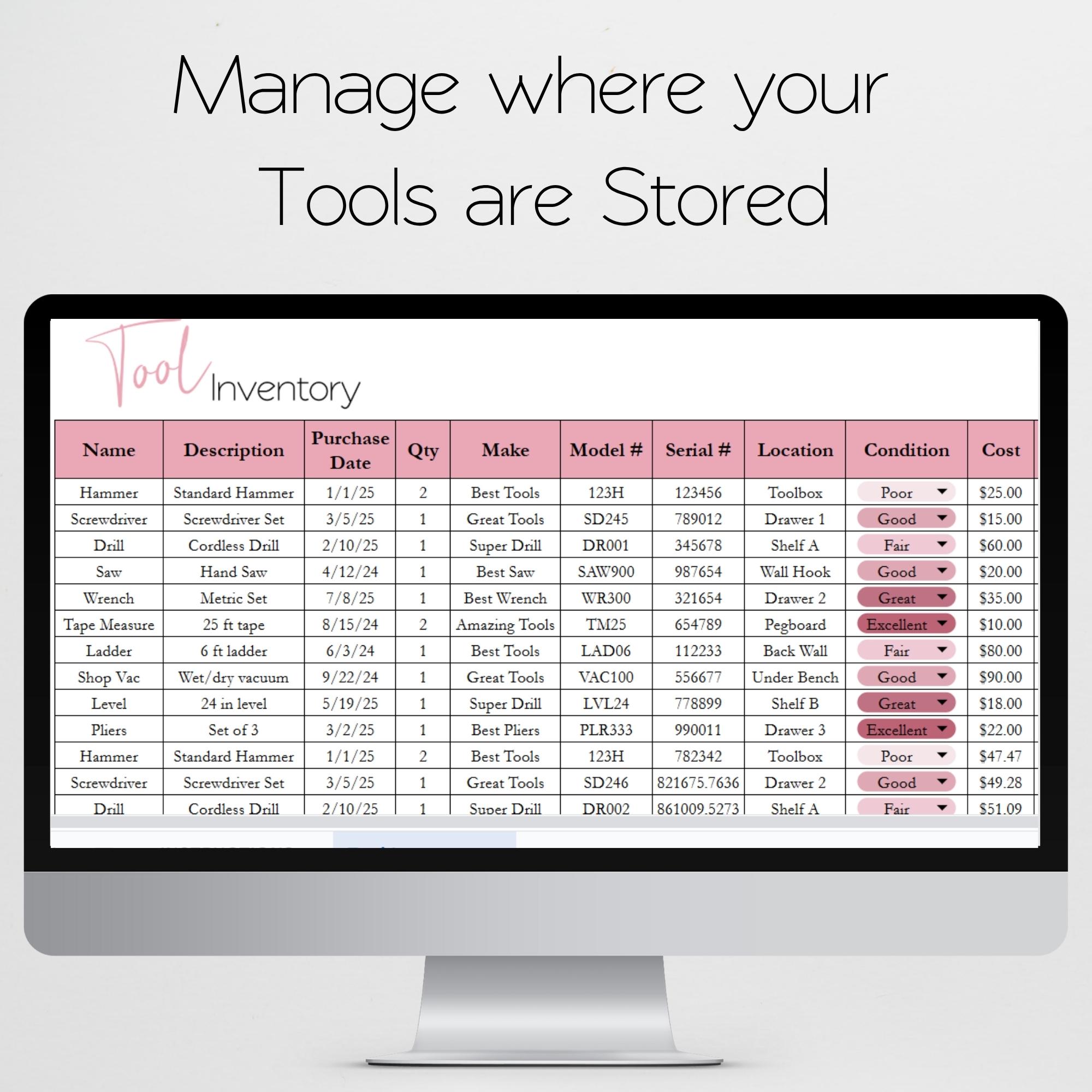 Tool Inventory Log, Garage Organization, Tools Tracker Inventory ...