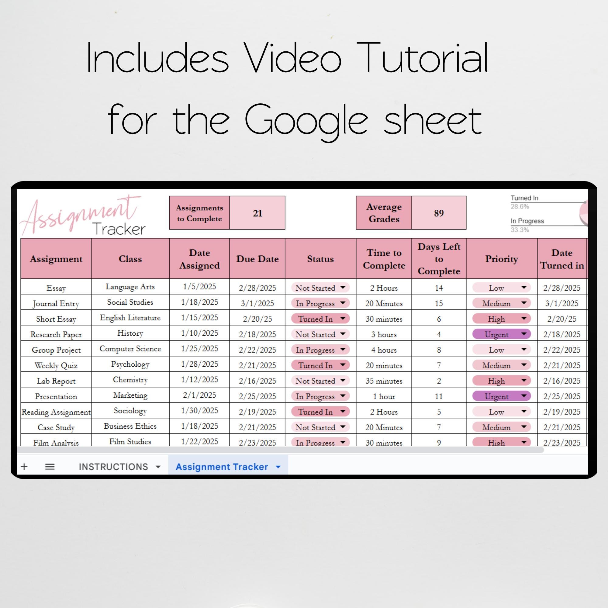 Assignment Tracker Template Excel Spreadsheet, Homework Task List ...