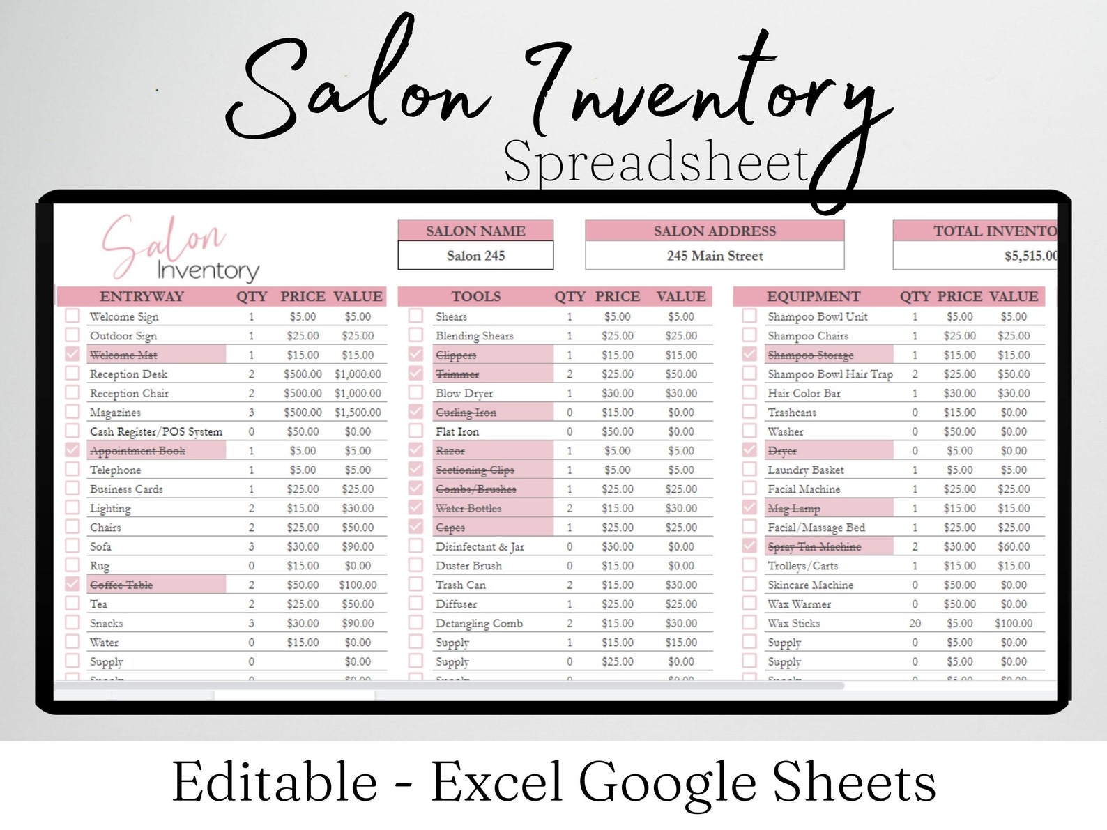 Salon Inventory Template Salon Inventory Tracker Log Beauty Etsy
