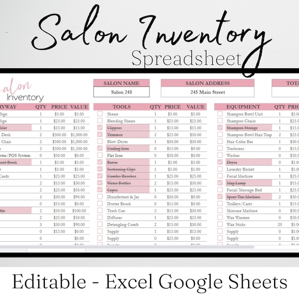 Salon Inventory Template, Salon Inventory Tracker Log, Beauty Salon Setup Checklist, Nail Salon Hair Salon Templates Google Sheet Supplies