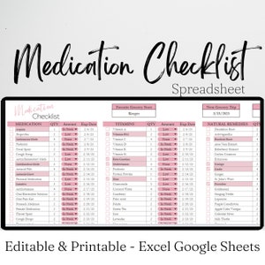 Medication Checklist, Medication Tracker, Daily Medication Log, Medication List Planner, Medication Organizer Template Excel Spreadsheet