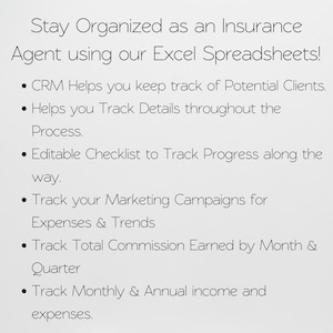 May include: White text on a light gray background promotes Excel spreadsheets for insurance agents. The text lists features like tracking potential clients, details, progress, marketing campaigns, commissions, and income.