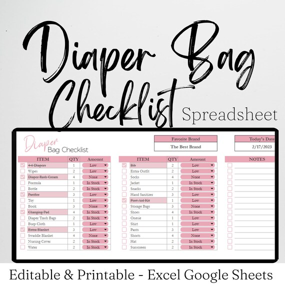 Diaper Bag Checklist Baby Diaper Bag Essentials List Google Sheets Infant Necessities Digital Log Printable Template Newborn New Mom Etsy Canada