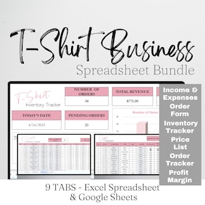 Tshirt Business Planner, Modelli di Tshirt Business, Modello di foglio di calcolo dell'inventario, Registro, Modelli di abbigliamento, Foglio di calcolo Excel Foglio di calcolo Google