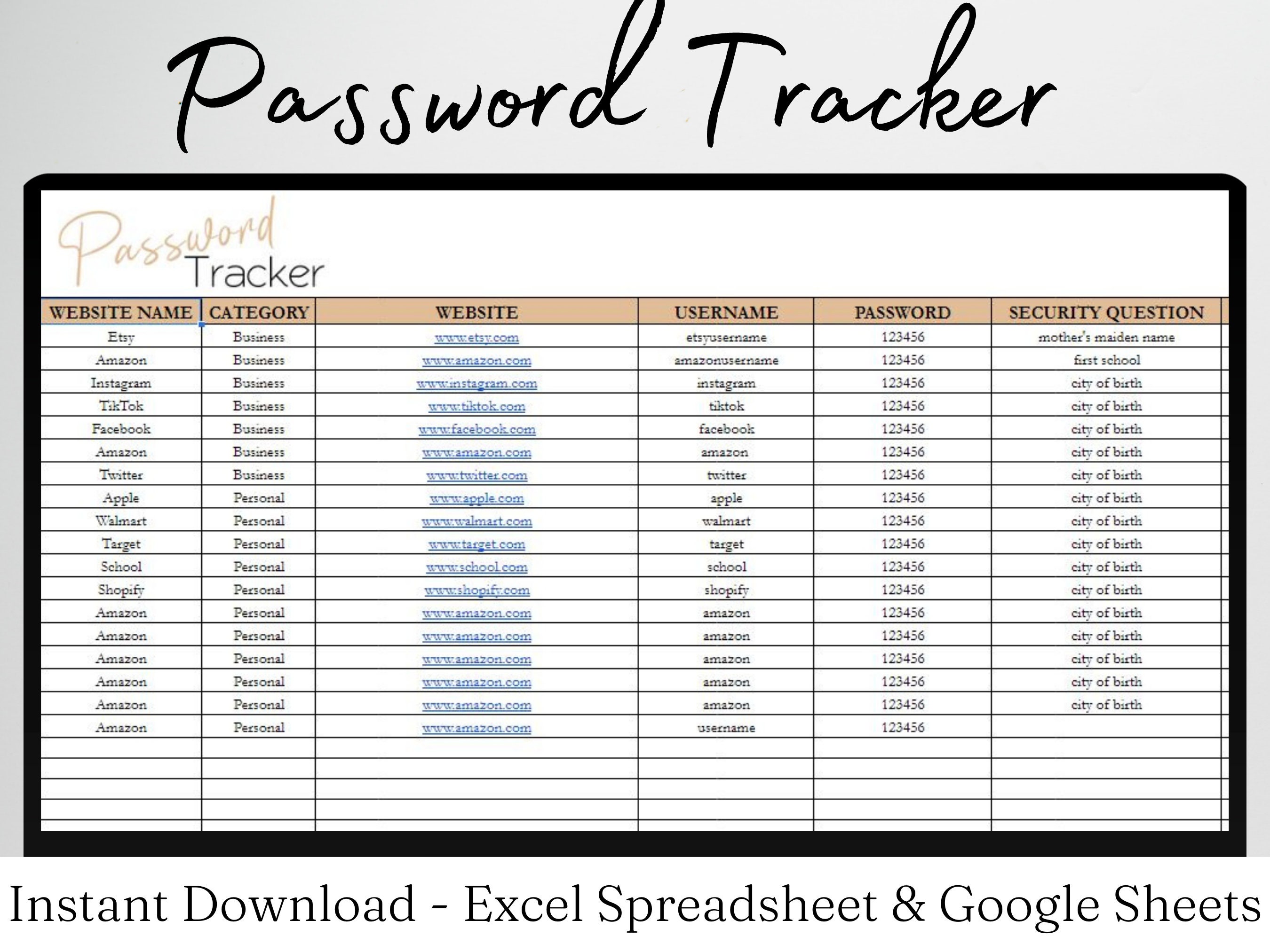 Password Tracker Excel Spreadsheet, Password Template, Password Log ...