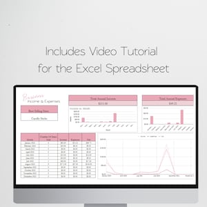Op de afbeelding: Een roze en wit computerscherm waarop een spreadsheet te zien is met een tracker voor bedrijfsinkomsten en -uitgaven. De spreadsheet bevat een grafiek die de inkomsten en uitgaven over het jaar weergeeft, een tabel met de maandelijkse inkomsten en uitgaven en een sectie voor de best verkochte artikelen. De spreadsheet is getiteld "Business Income & Expenses" en het best verkochte artikel is "Candle Sticks".
