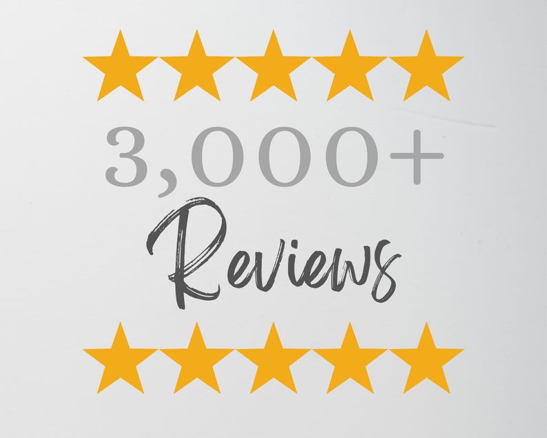 May include: A graphic featuring two horizontal rows of five yellow stars, with the text 3,000+ in grey and the word Reviews in a dark grey script font centered between the star rows, all set against a plain, light-colored background.