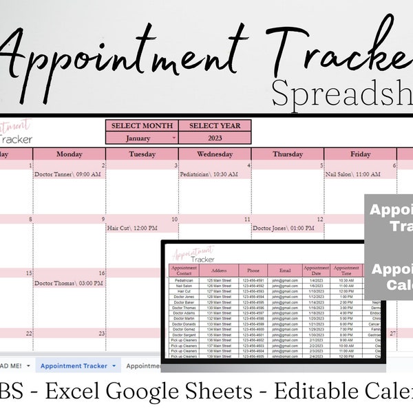 Appointment Tracker Excel Spreadsheet, Appointment Template, Appointment Calendar, Appointment Planner, Appointment Book List Google Sheets