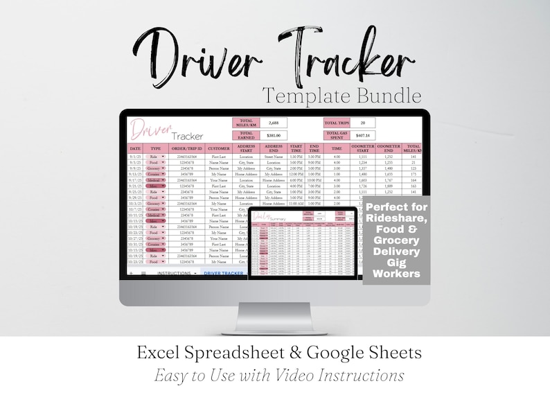 Driver Tracker, Side Hustle Planner Google Sheet, Gig Driver Log, Food Delivery Driver, Mileage Tracker, Driving Log, Gig Work Rideshare image 1