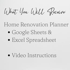 May include: A digital document titled What You Will Receive: Home Renovation Planner, which includes a Google Sheets and Excel spreadsheet, along with video instructions. The text is presented in black font against a plain white background.