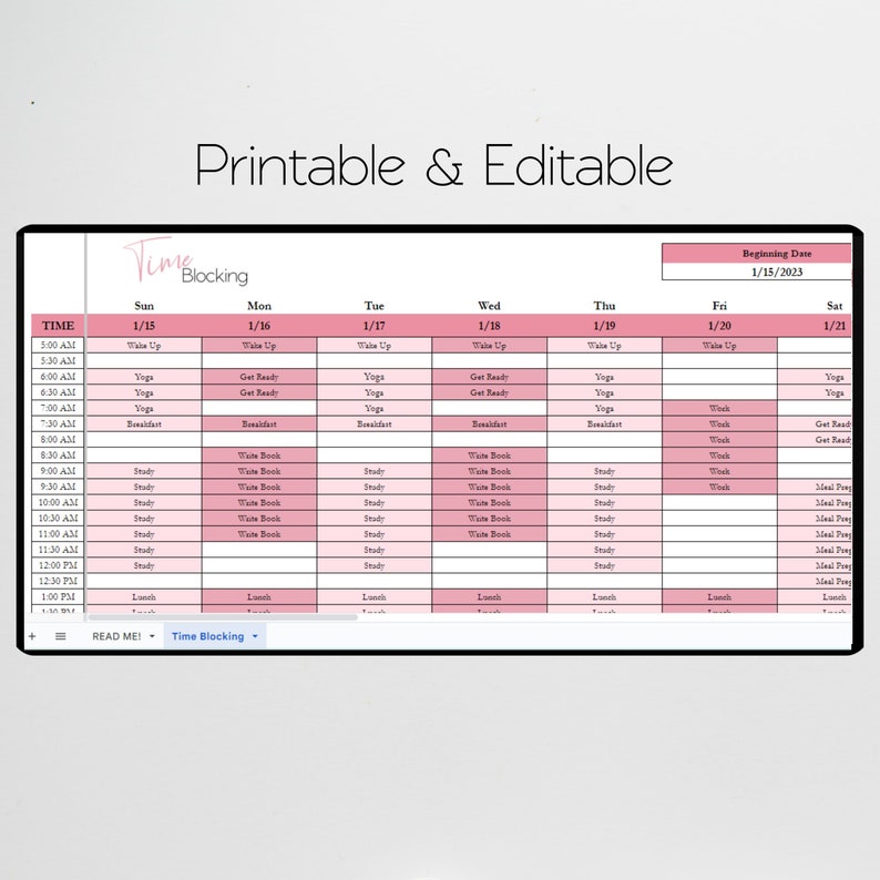 May include: A printable time blocking schedule template with a pink and white colour scheme. The template is for the week of 15th January 2023 and includes a column for each day of the week. The template is divided into 30-minute time slots from 3:00 AM to 1:00 PM. Each time slot has a space to write in an activity. The template includes the text "Time Blocking" at the bottom.