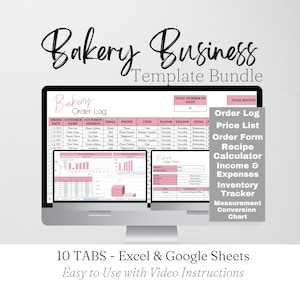 Plan d'entreprise de boulangerie, feuille de calcul de boulangerie, bon de commande de boulangerie, modèle de boulangerie feuille Google, planificateur d'ensembles d'activités pour gâteaux, calculatrice de recettes