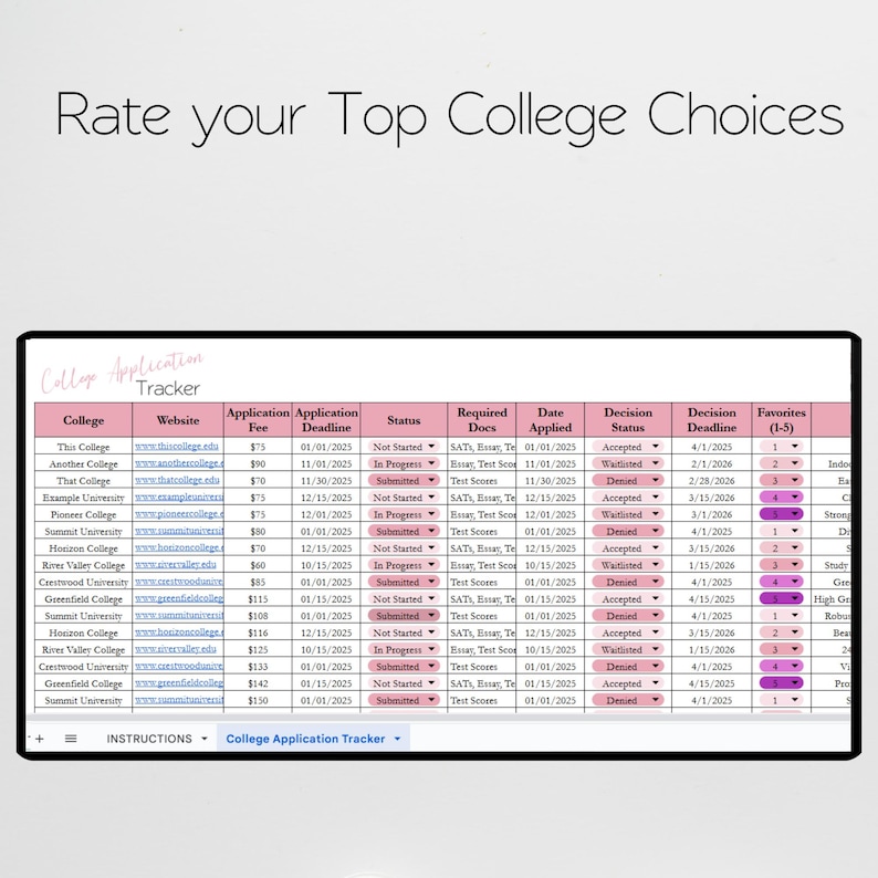 May include: A digital college application tracker spreadsheet with the title Rate your Top College Choices. The table features columns for college names, websites, application fees, deadlines, status, required documents, and favorites rated 1-5.